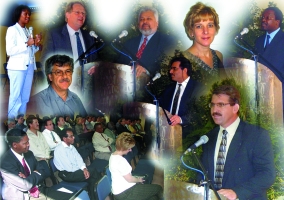 Some of the speakers at the Official Opening. Left to right top: Ms Deshun Deysel, Malcolm Finlay, Prof. RH Du Pré, Dr A Jordaan and Mr BR Mabuza. In the middle: Mr A Roux, Prof. P Mendonidis and Prof. HJ de Jager